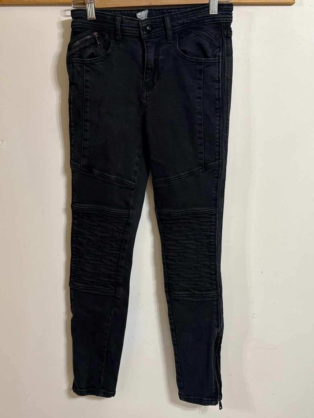 Free People Black Moto Skinny Jeans with Knee Ribbing